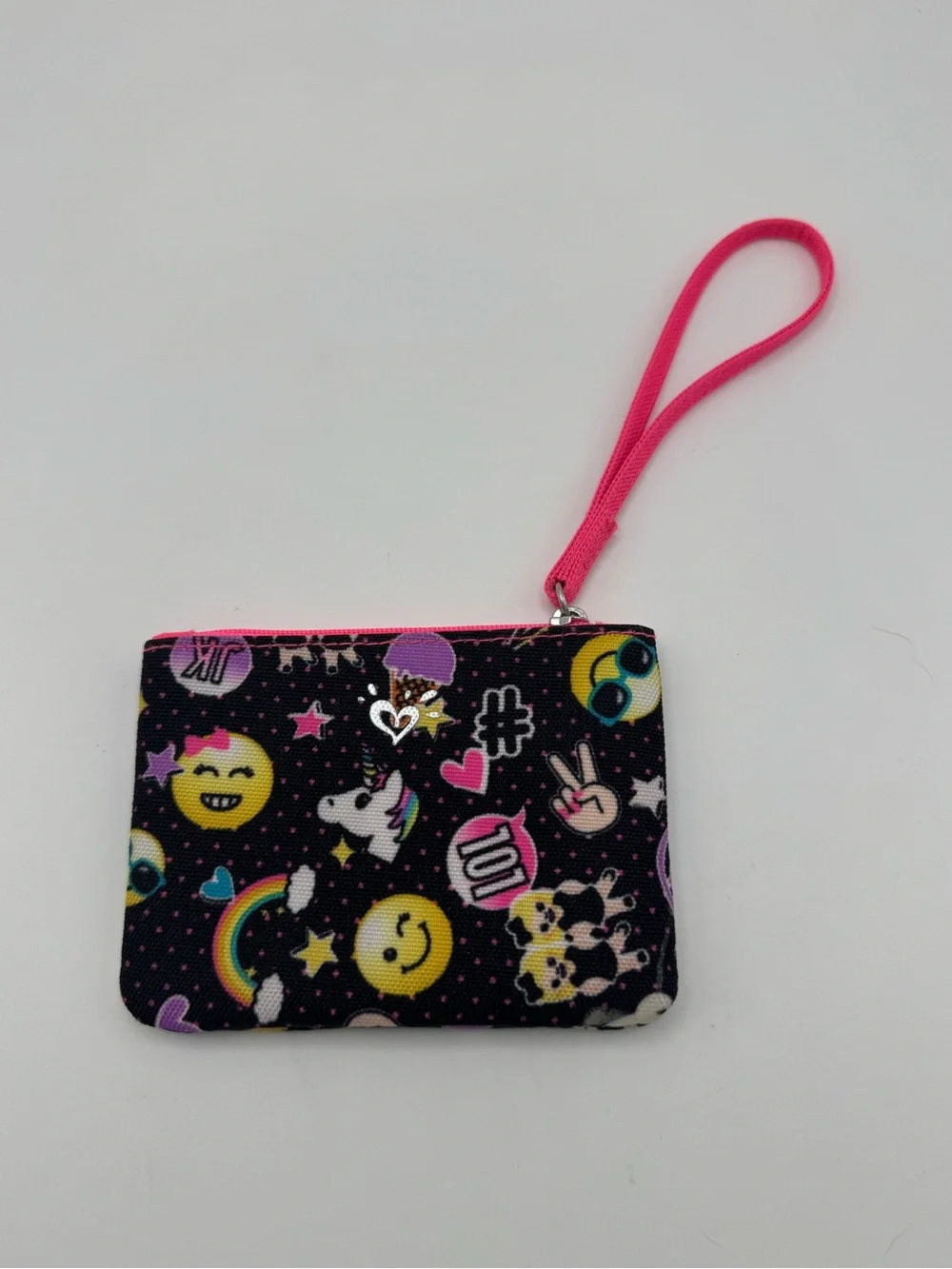 Justice Neon Initial E Emoji Rainbow Canvas Pink Zip Mini Pouch Wrislet